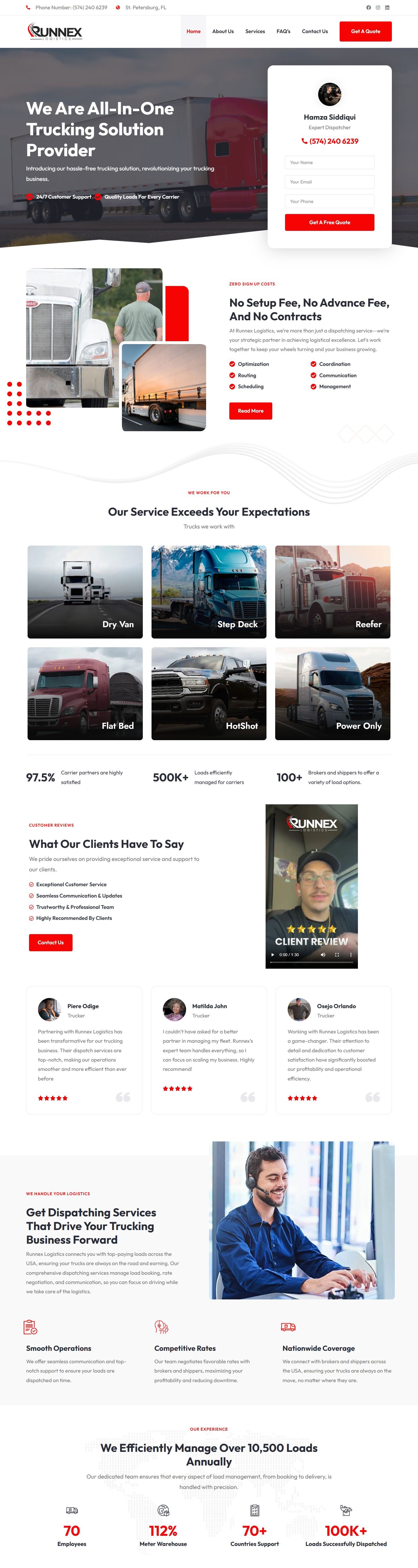 Full homepage of Runnex Logistics