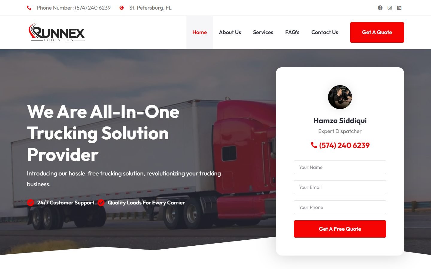 Runnex Logistics homepage with dispatcher quote form